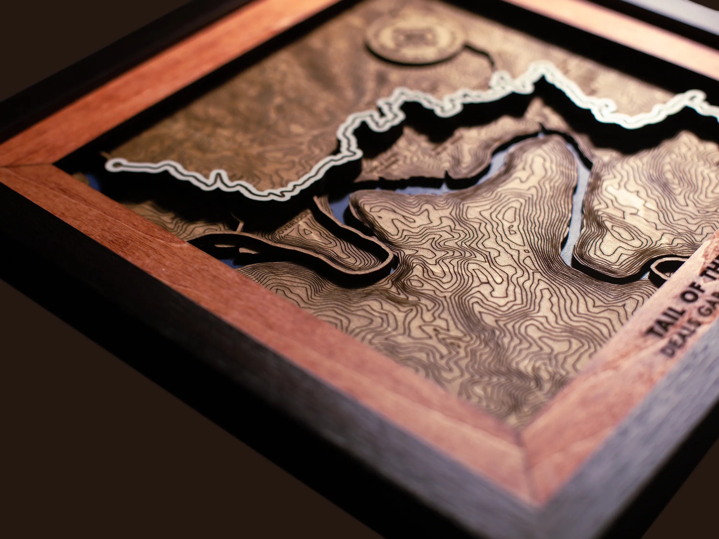 Close-up of the handcrafted layered wood construction and fine details of the Tail of the Dragon wall art.