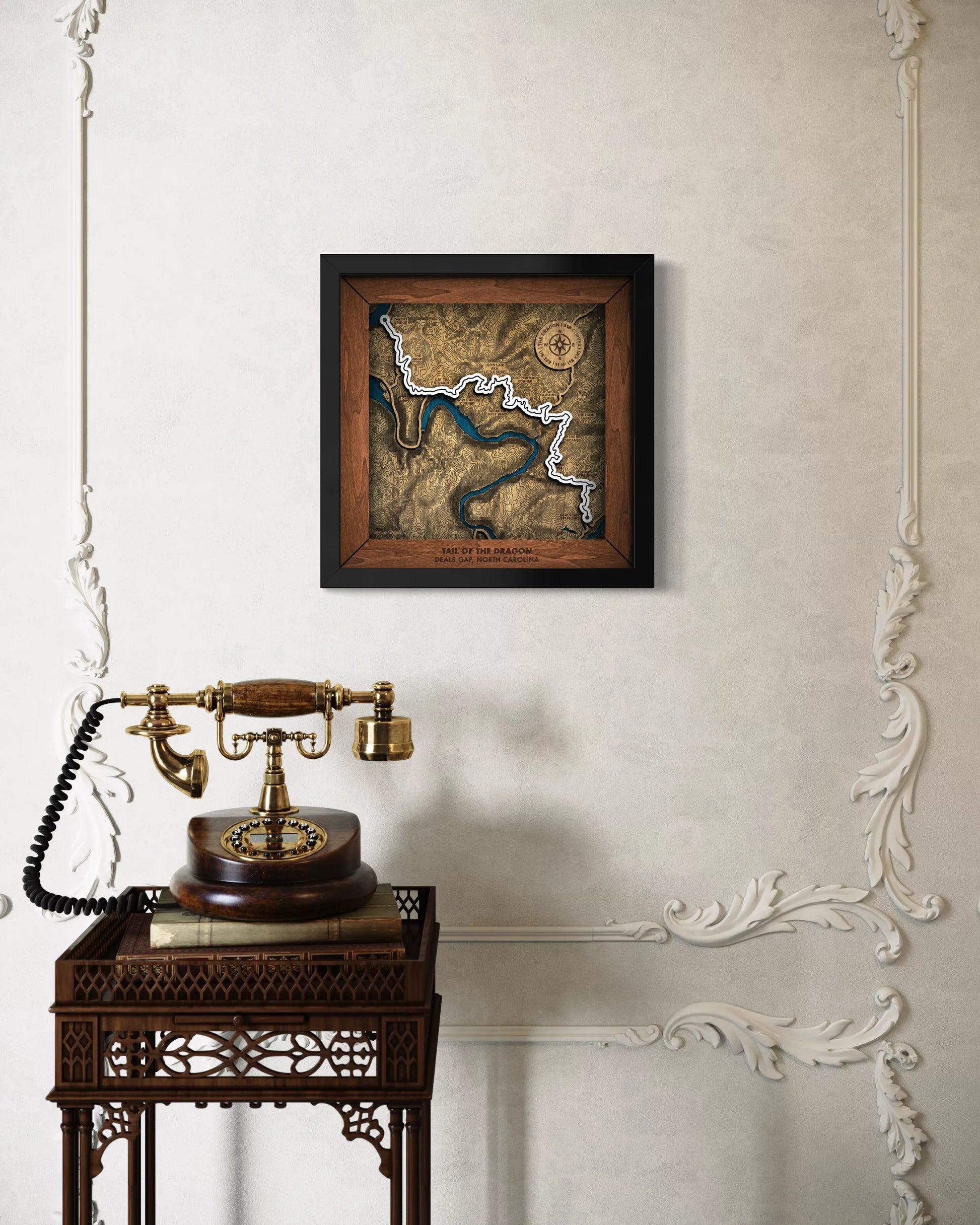 Handcrafted Tail of the Dragon layered wooden wall art displayed in a modern living room.