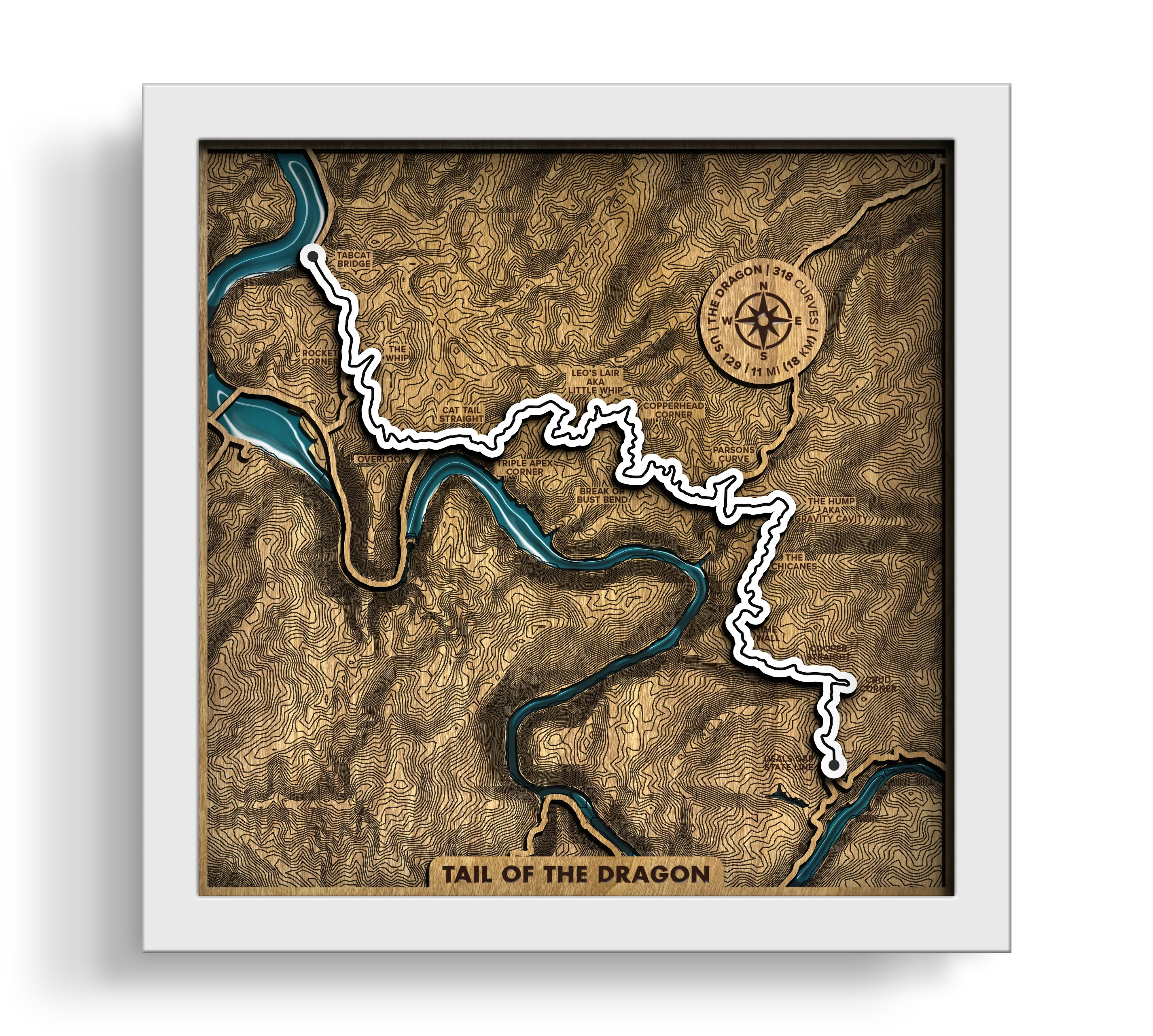 Handcrafted Tail of the Dragon layered wooden wall art with an epoxy resin finish in a white frame.