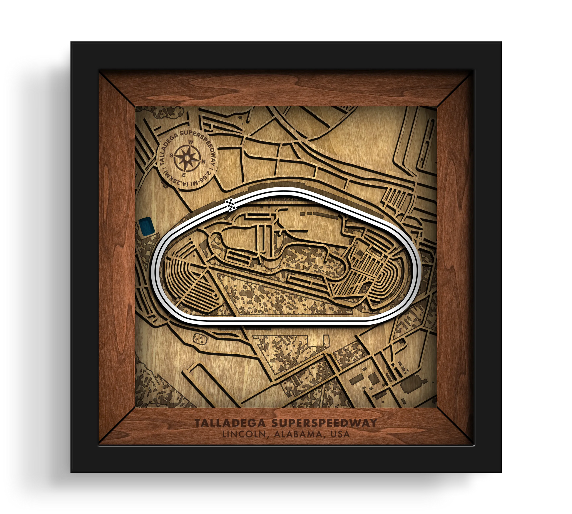 Handcrafted Talladega Superspeedway layered wooden racetrack wall art in a black frame.