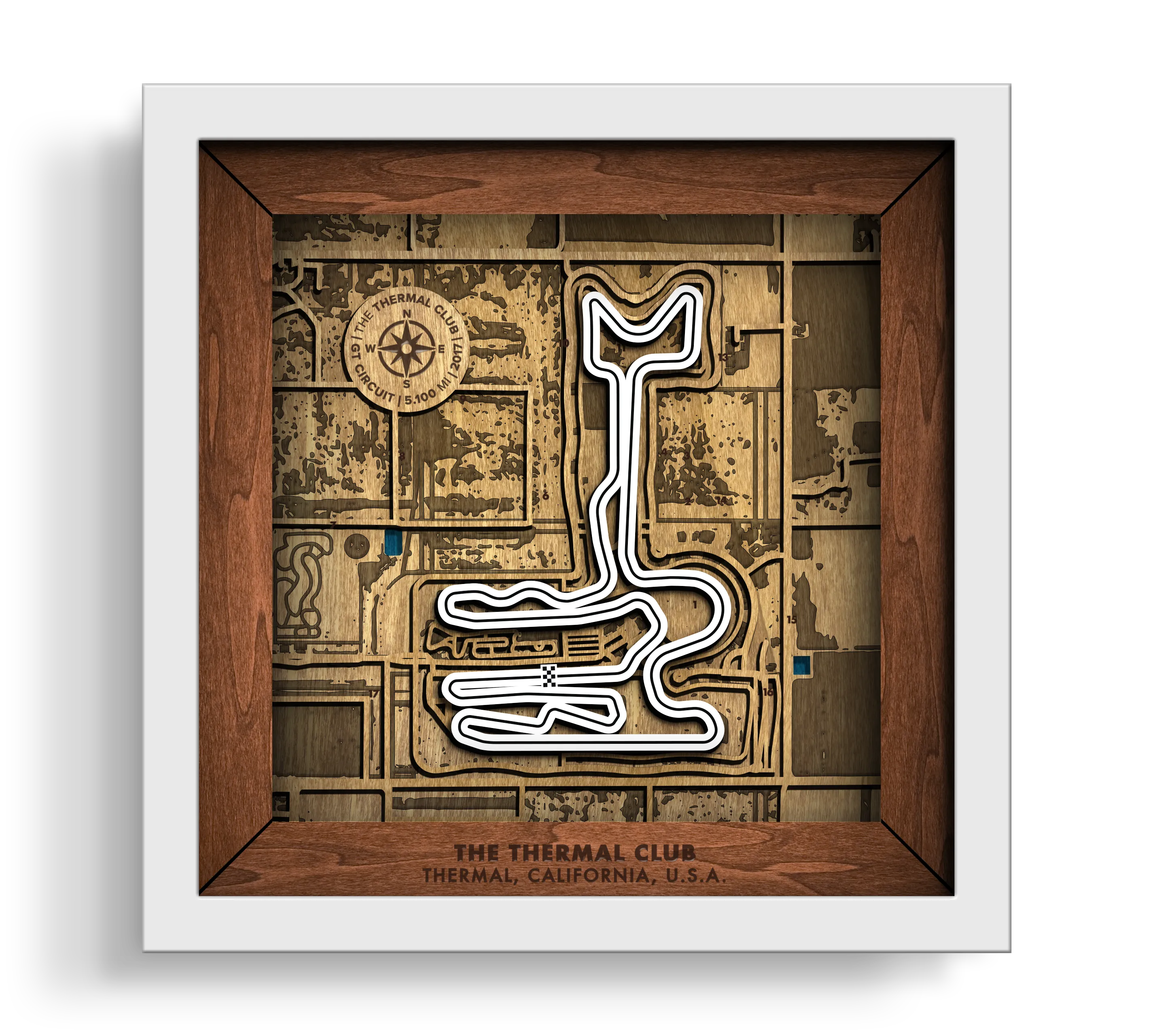 Handcrafted Thermal Club layered wooden wall art in a white frame.
