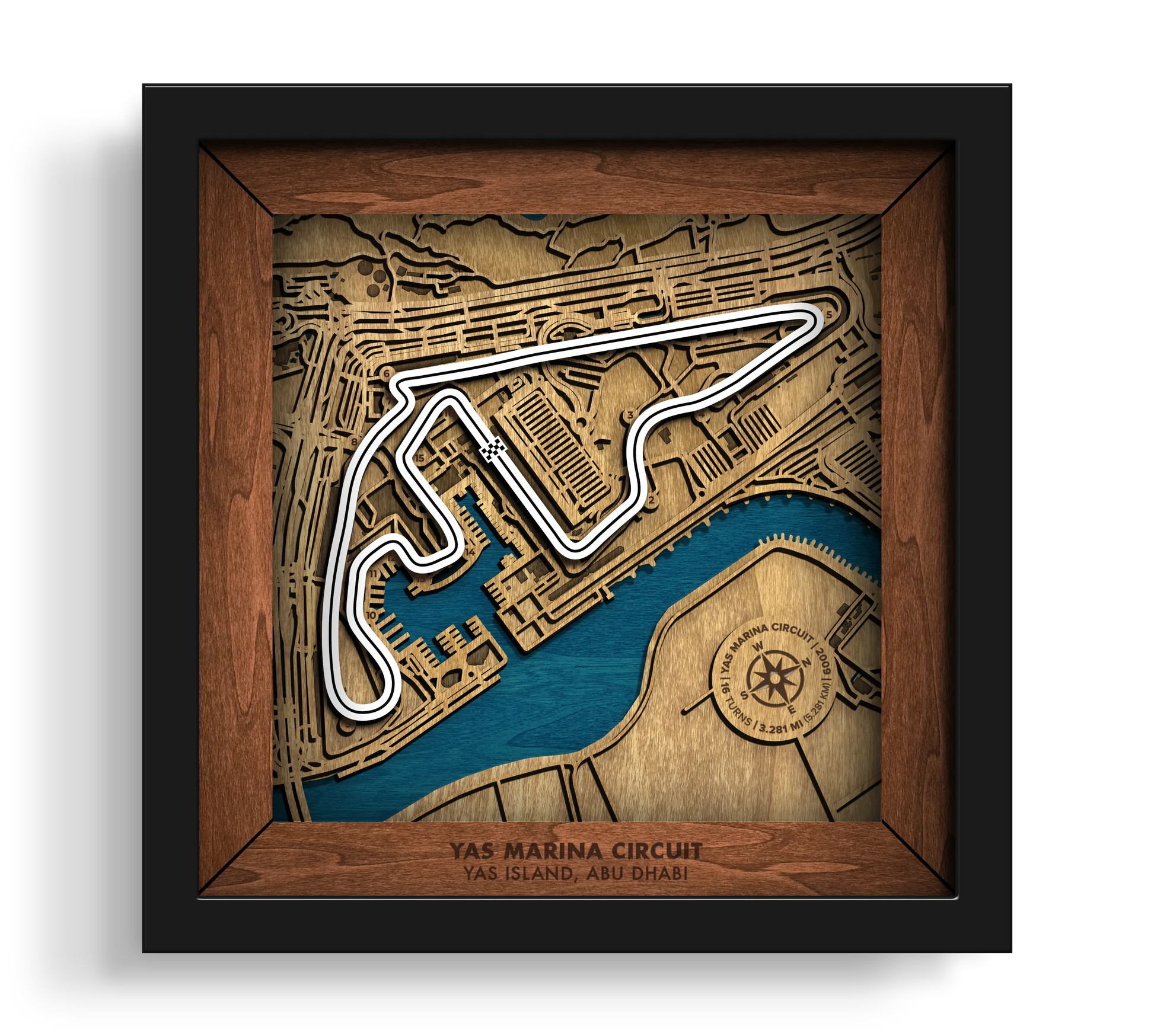 Handcrafted Yas Marina Circuit layered wooden racetrack wall art in a black frame.
