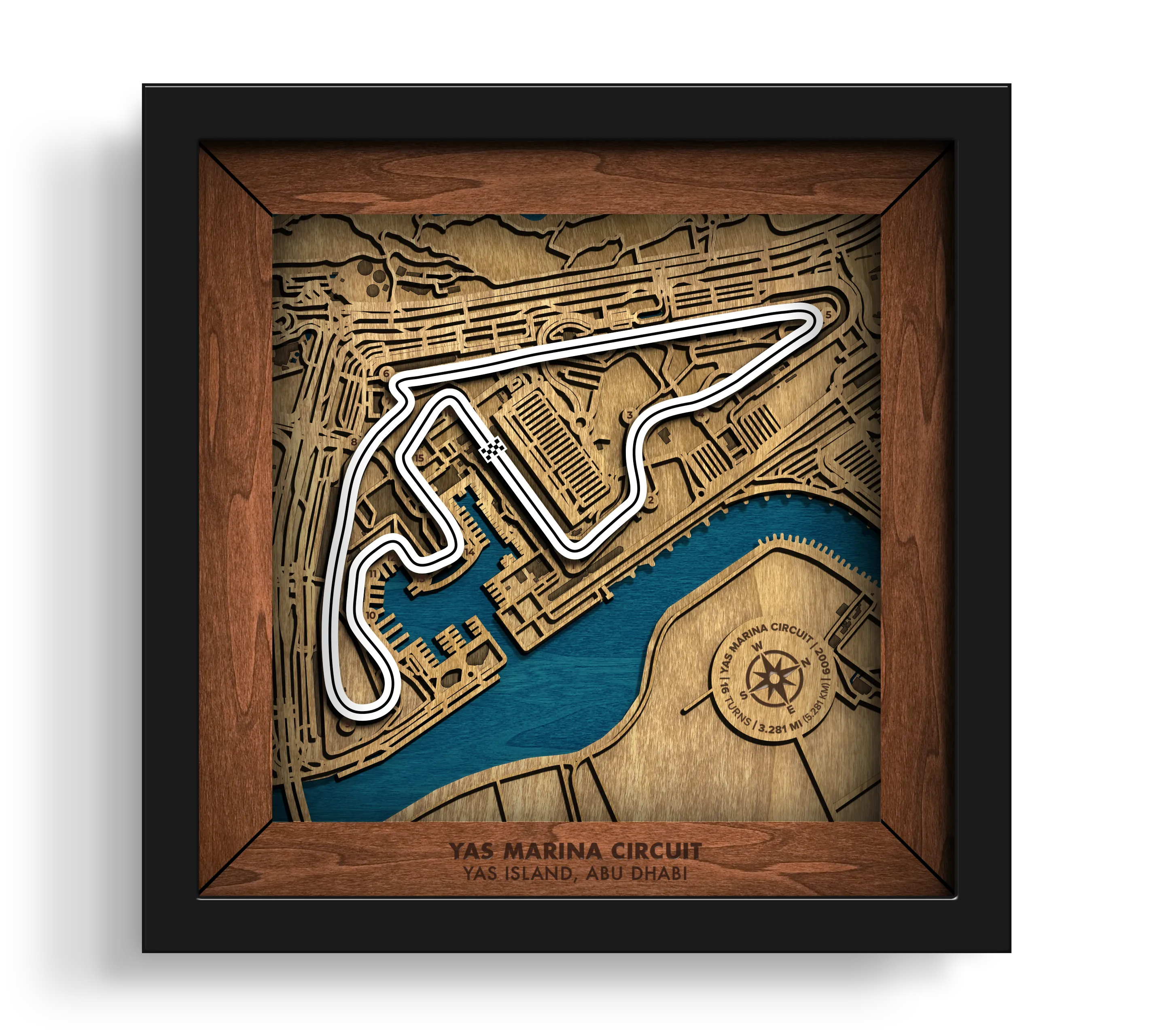 Handcrafted Yas Marina Circuit layered wooden racetrack wall art in a black frame.