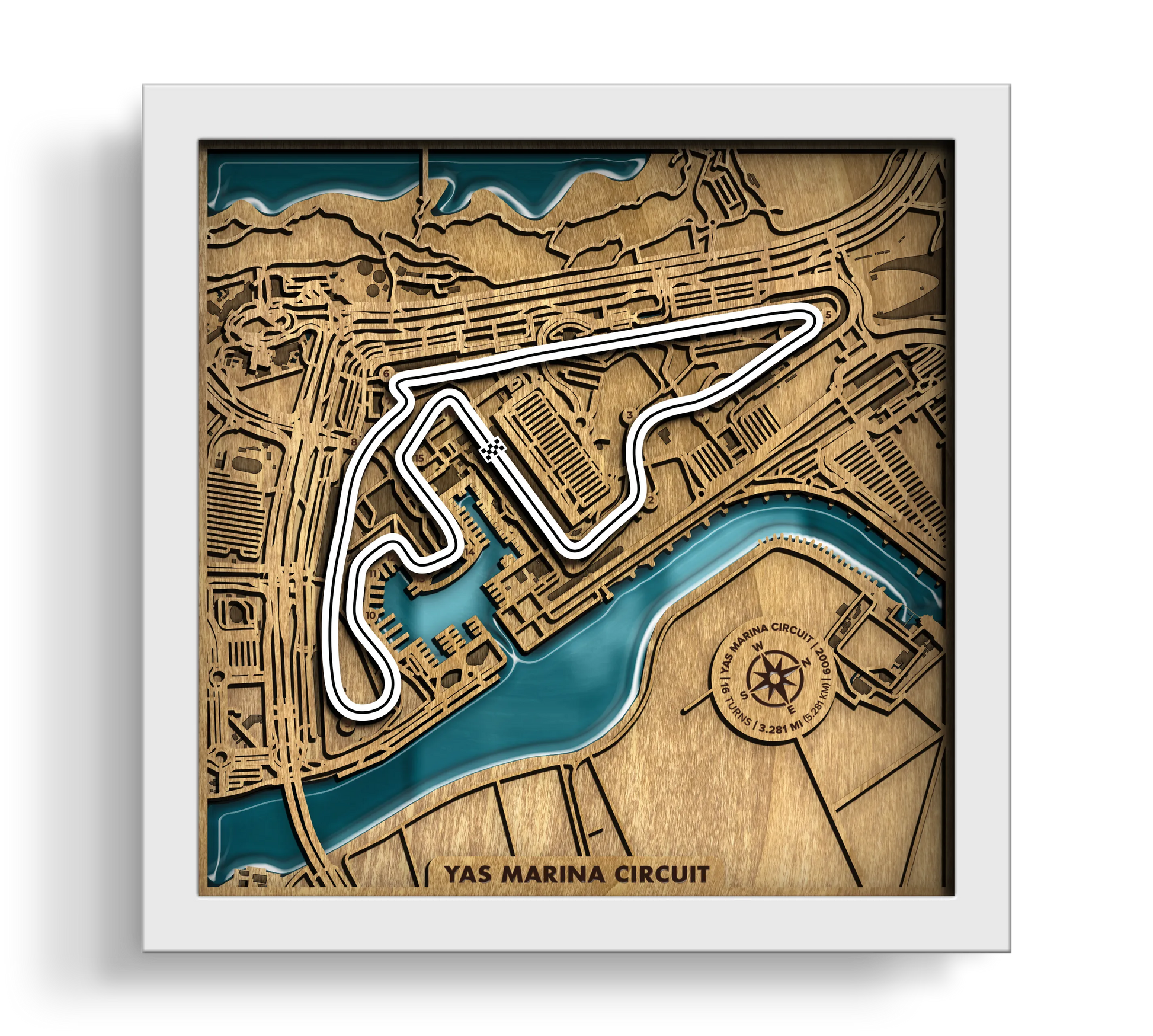 Handcrafted Yas Marina Circuit layered wooden racetrack wall art with an epoxy resin finish in a white frame.