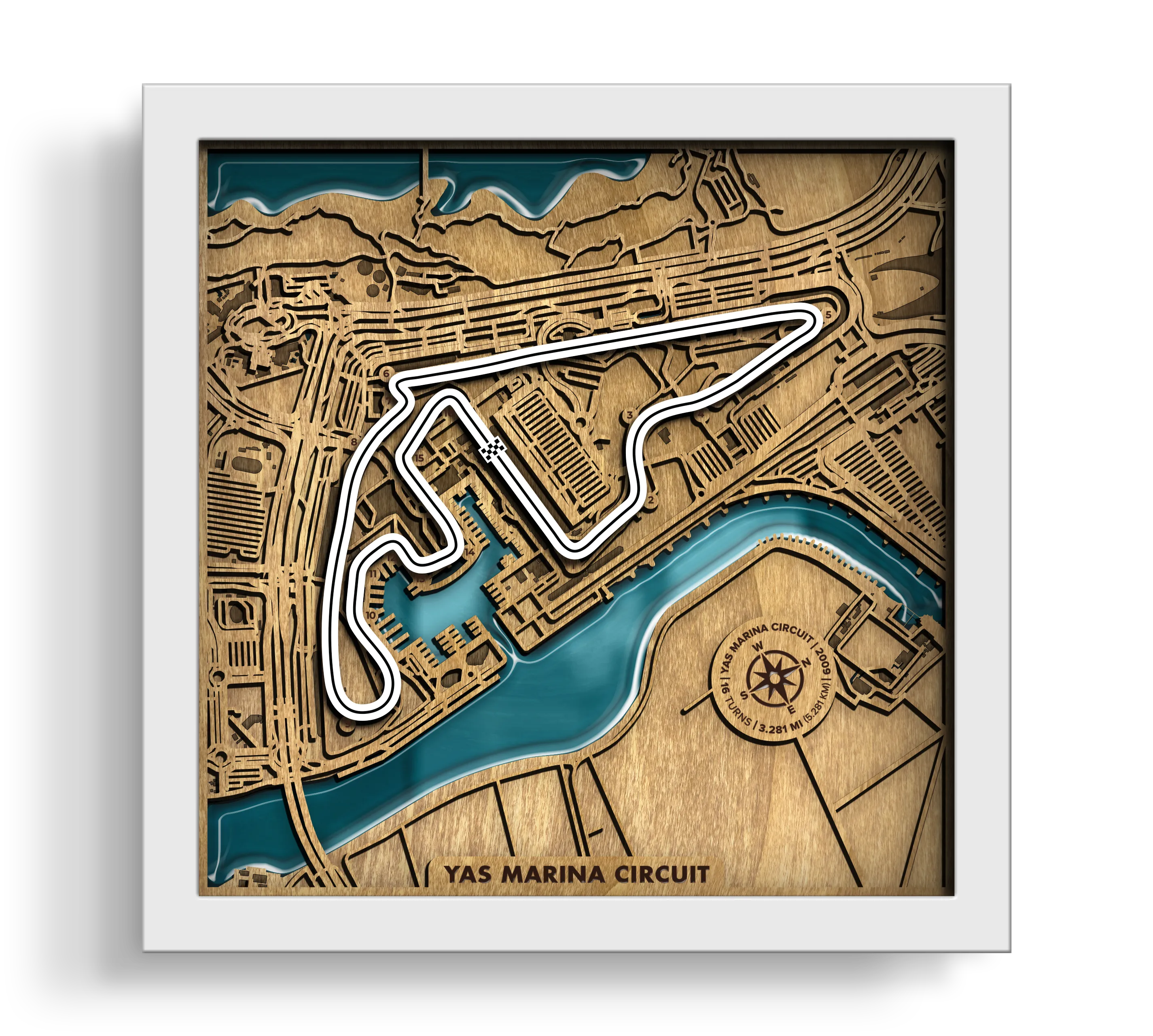 Handcrafted Yas Marina Circuit layered wooden racetrack wall art with an epoxy resin finish in a white frame.